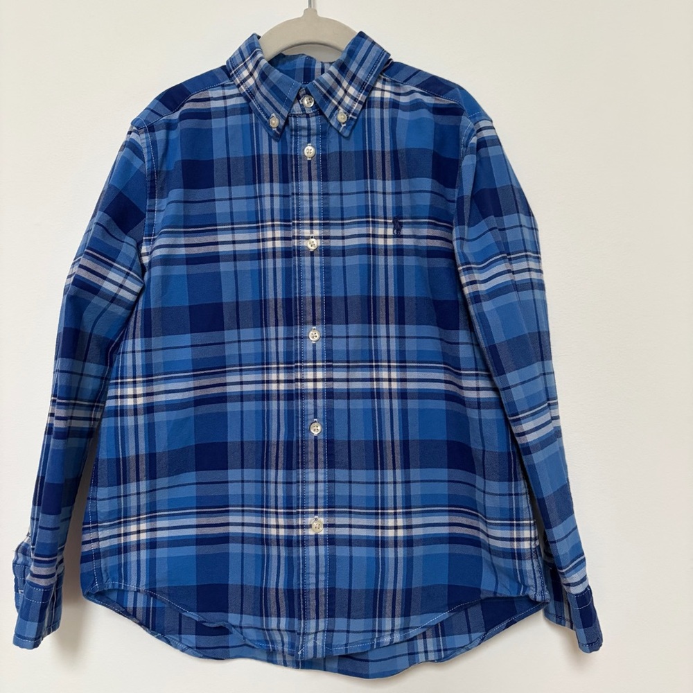 Ralph Lauren Boys Preppy Buttoned Down Cotton Shirt Size 7 Blue Plaid